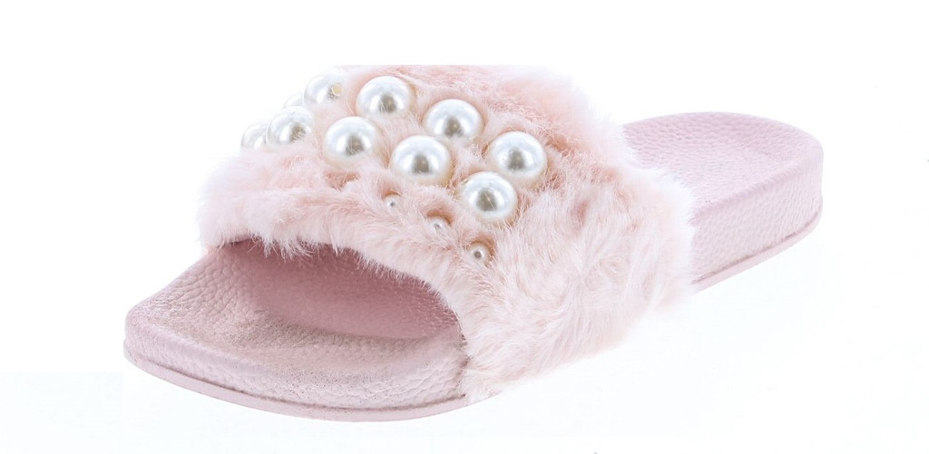 Forever Link Izzy-33 Womens Open Toe Faux Pearl Embellished Flip Flop Slide Flat Sandal Slippers