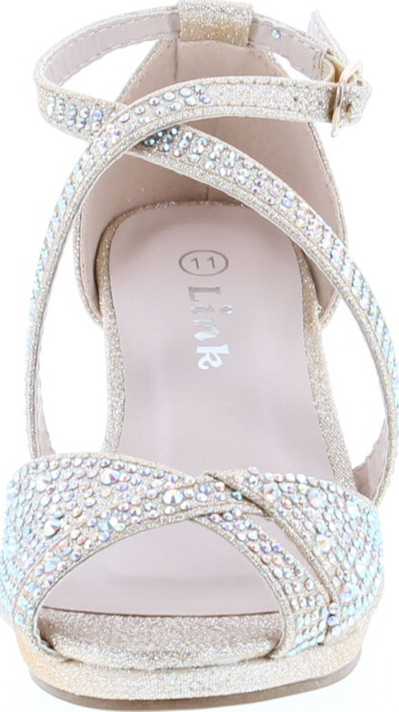 Link Fantastic-90K Girl's Rhinestone Criss Cross Ankle Strap Chunk Heel Sandals