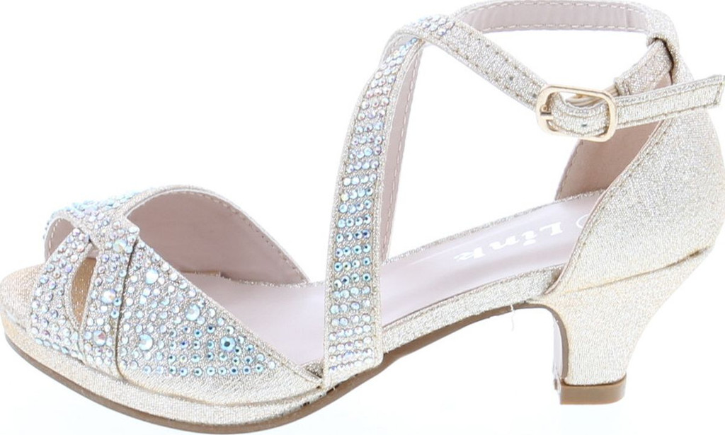 Link Fantastic-90K Girl's Rhinestone Criss Cross Ankle Strap Chunk Heel Sandals