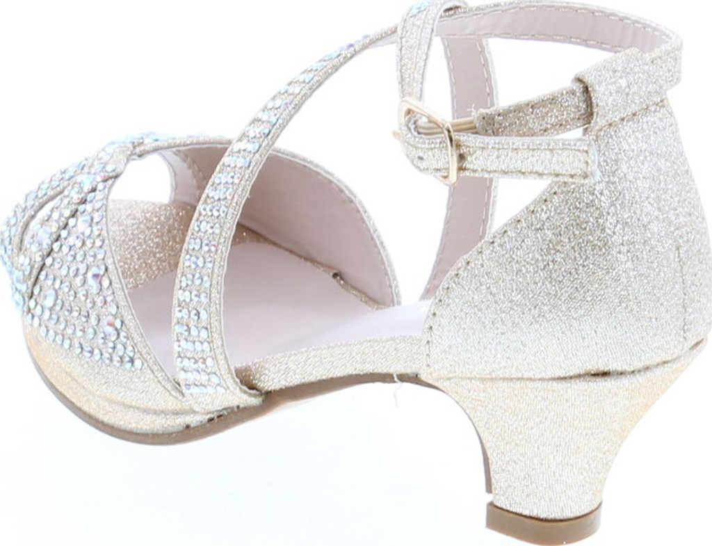 Link Fantastic-90K Girl's Rhinestone Criss Cross Ankle Strap Chunk Heel Sandals