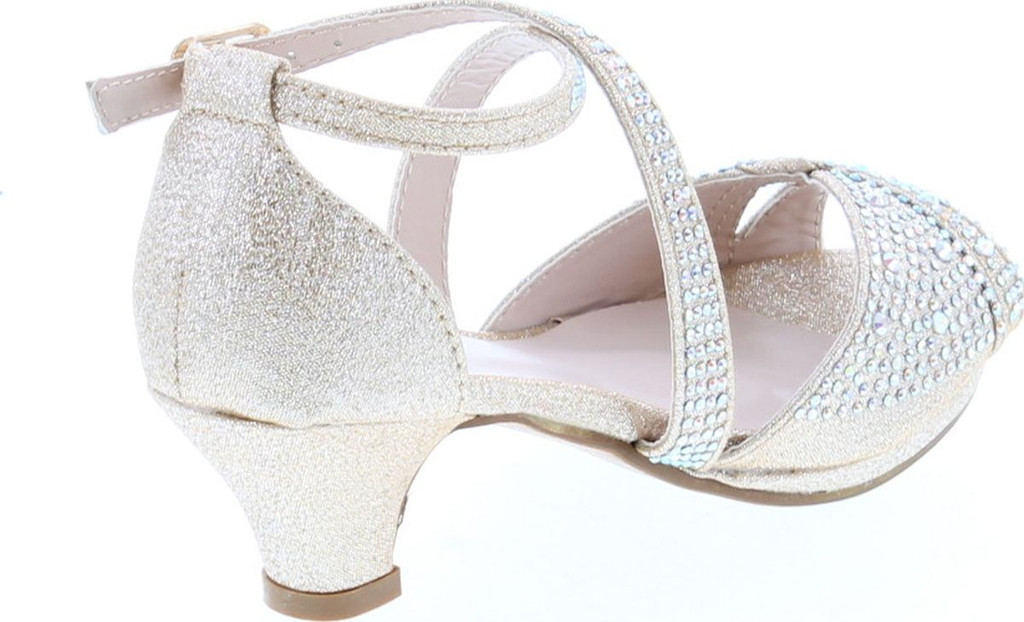 Link Fantastic-90K Girl's Rhinestone Criss Cross Ankle Strap Chunk Heel Sandals