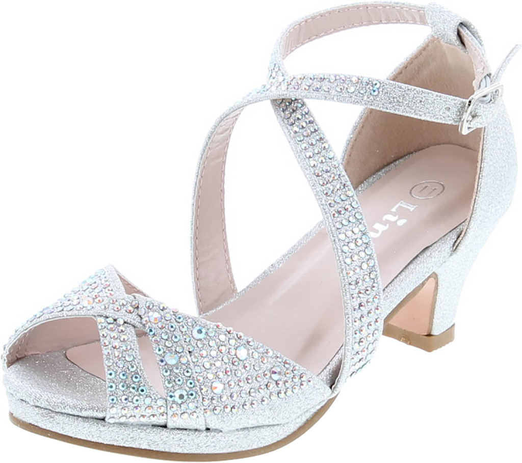 Link Fantastic-90K Girl's Rhinestone Criss Cross Ankle Strap Chunk Heel Sandals