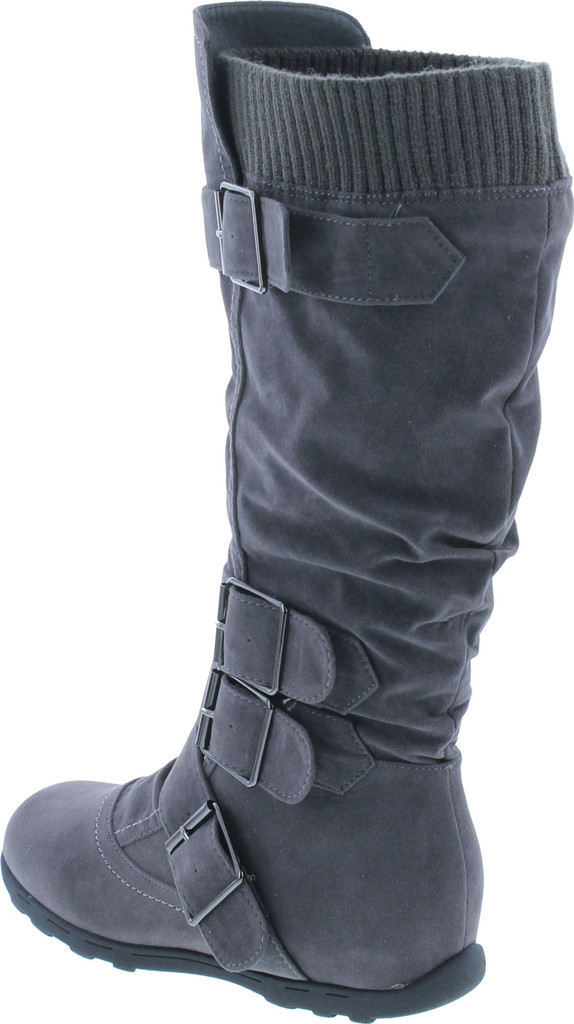 Womens Knee High Faux Suede Flat Winter Buckle Boots Gray Military Shoes