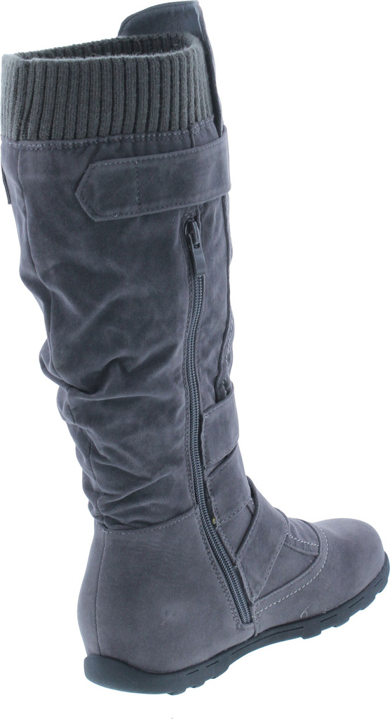 Womens Knee High Faux Suede Flat Winter Buckle Boots Gray Military Shoes
