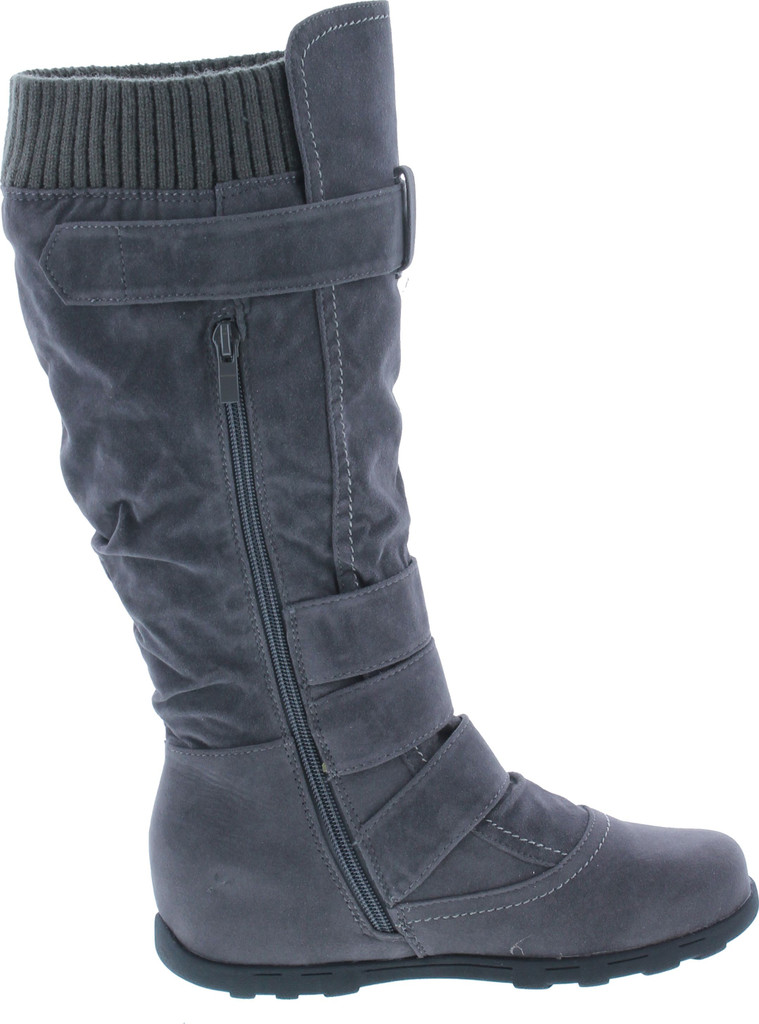 Womens Knee High Faux Suede Flat Winter Buckle Boots Gray Military Shoes