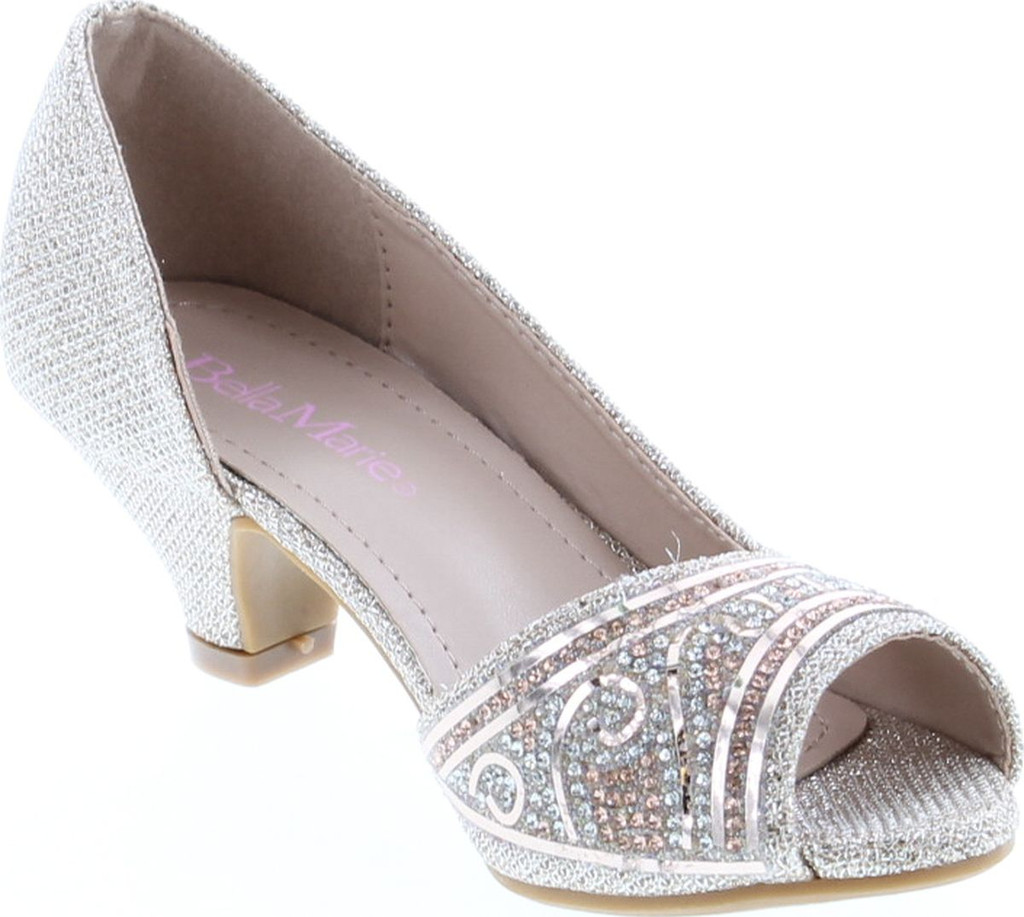 Bella Marie Girls Truly-5 Kids Sparkle Crystal Bling Open Toe Low Kitten Heel Pumps