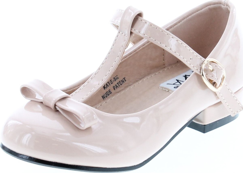 Anna Kate-5K Kids Low Heel Ankle Strap Bow T-Strap Mary-Jane Shinny Pu