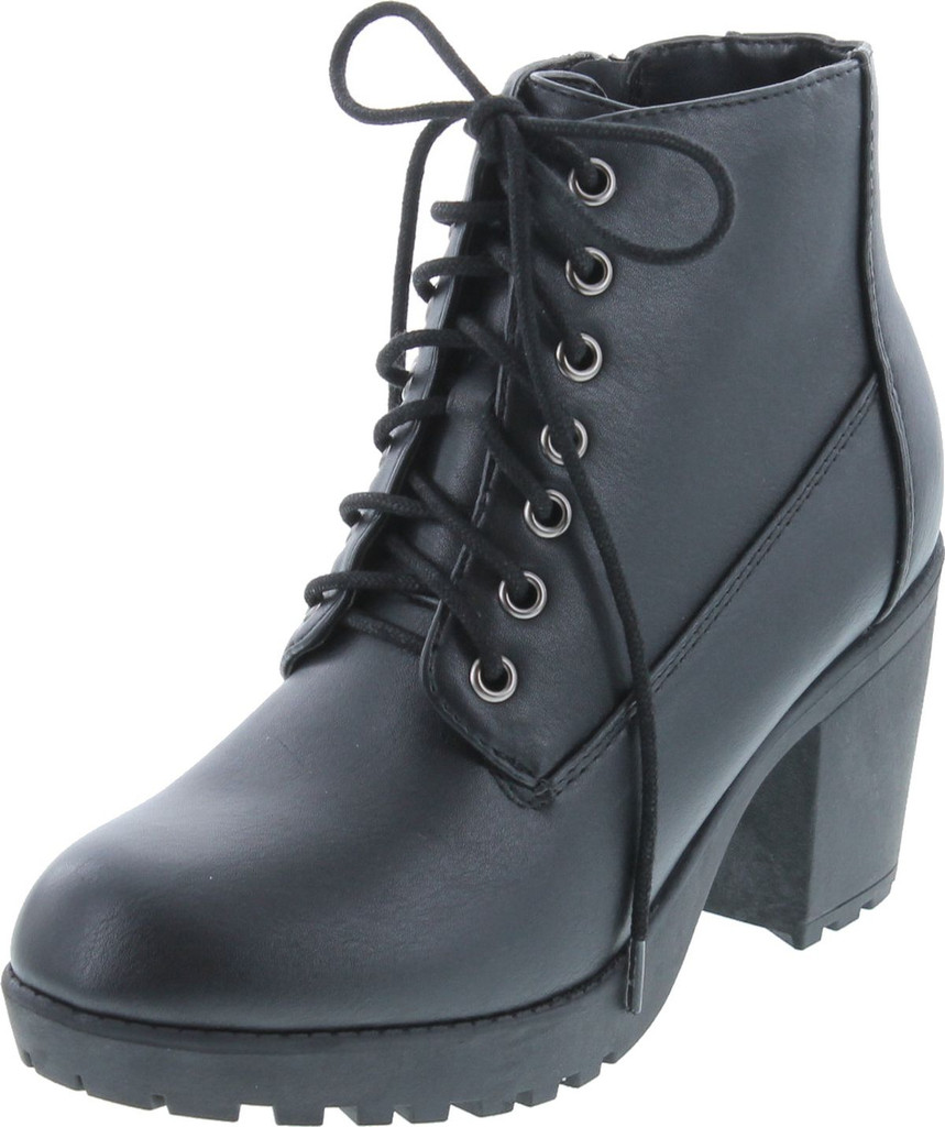 Soda Women's Second Faux Leather Lace Up High Chunky Heel Ankle Booties
