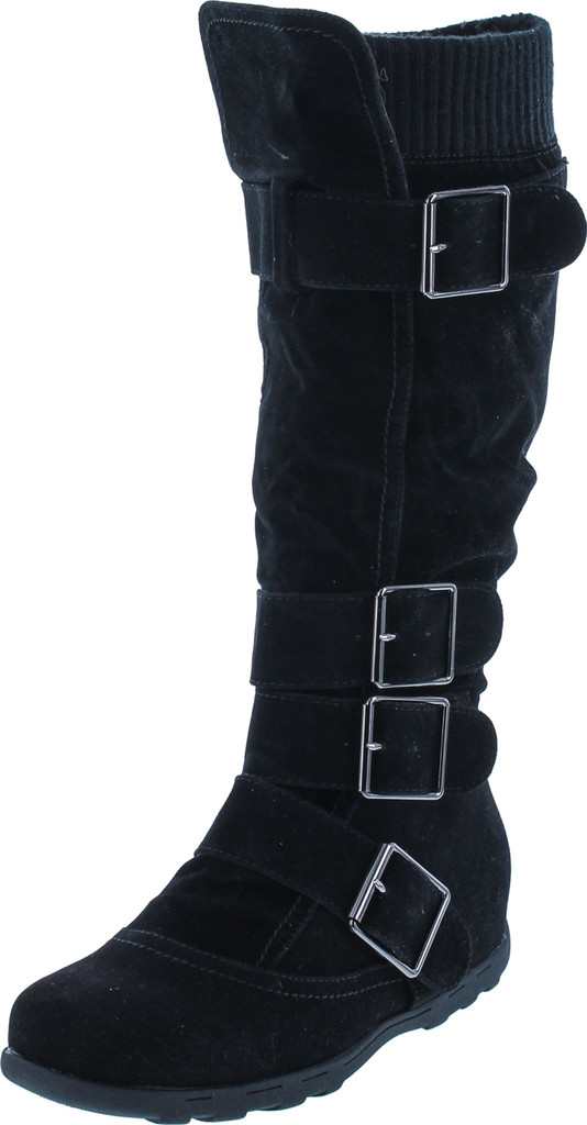 Womens Bd-2523 Knee High Faux Suede Flat Winter Buckle Boots Black