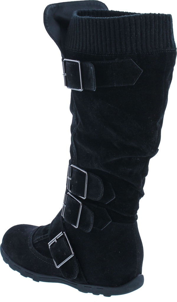 Womens Bd-2523 Knee High Faux Suede Flat Winter Buckle Boots Black