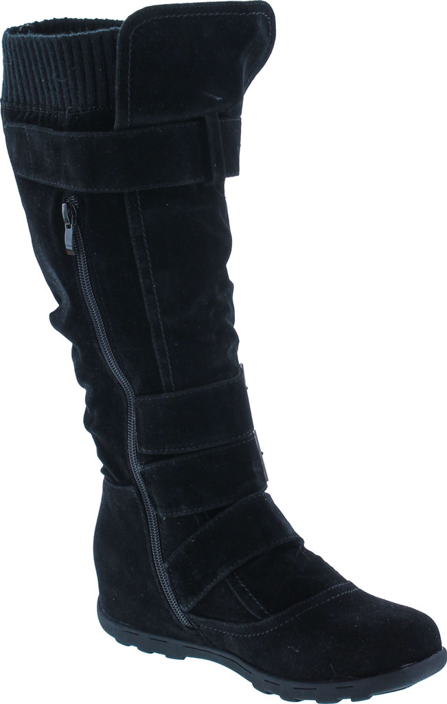 Womens Bd-2523 Knee High Faux Suede Flat Winter Buckle Boots Black