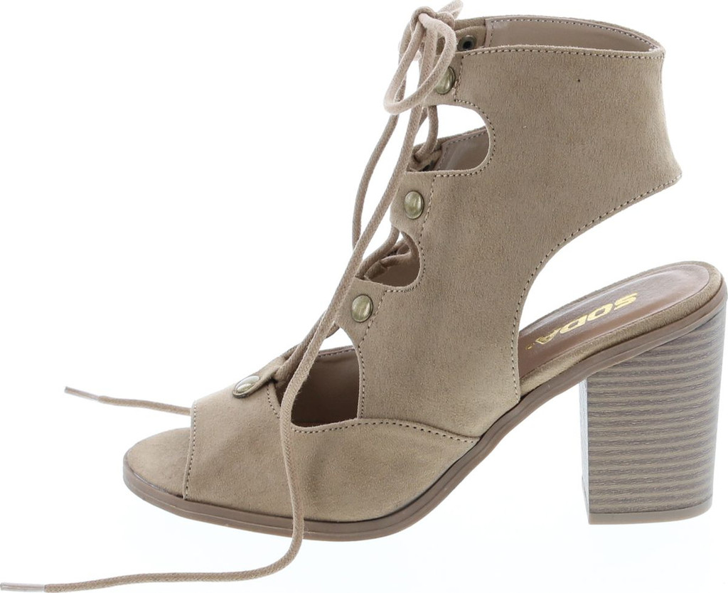 Soda Race Women's Stylish Lace Up Gladiator Cage Low Chunky Block Heel Sandal - Natural Suede
