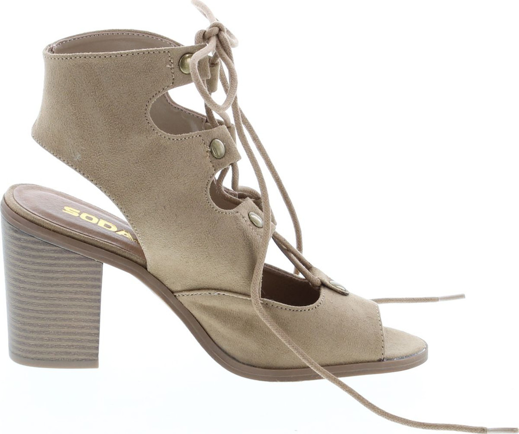 Soda Race Women's Stylish Lace Up Gladiator Cage Low Chunky Block Heel Sandal - Natural Suede