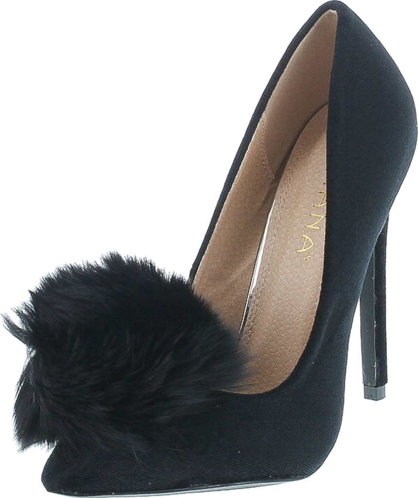 Liliana Affair Velvet Pointy Toe Stiletto High Heel Fur Pom Slip On Pump Slide Shoe