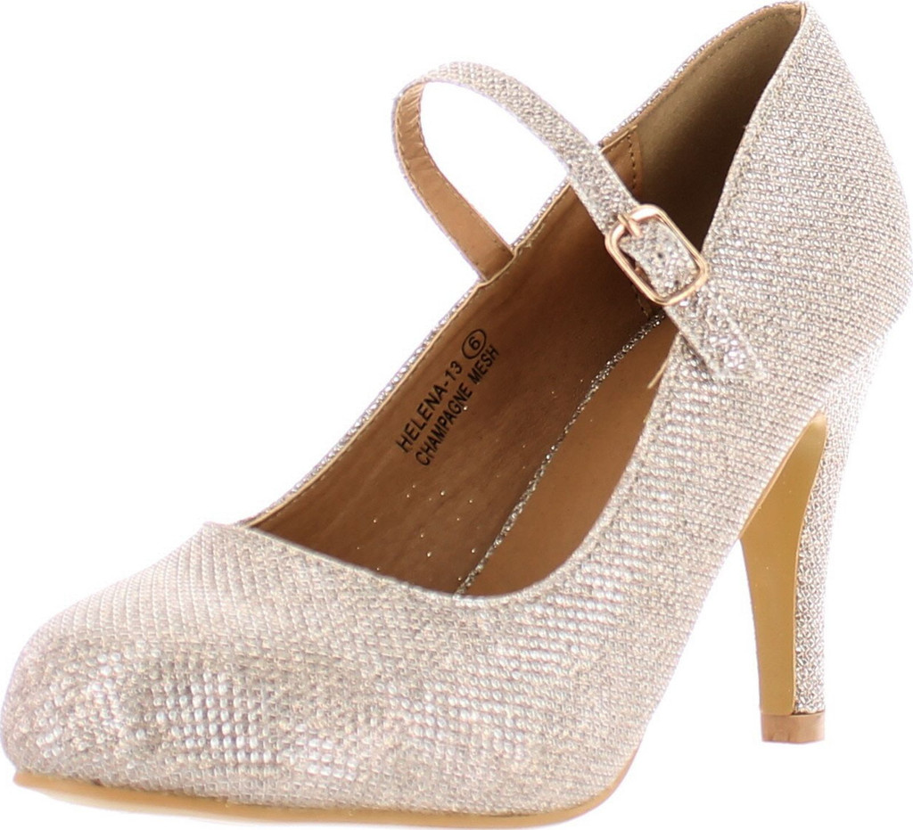 Bella Marie Helena-13 Women's Almond Toe Low Heel Mary Jane Glitter Or Suede Pumps