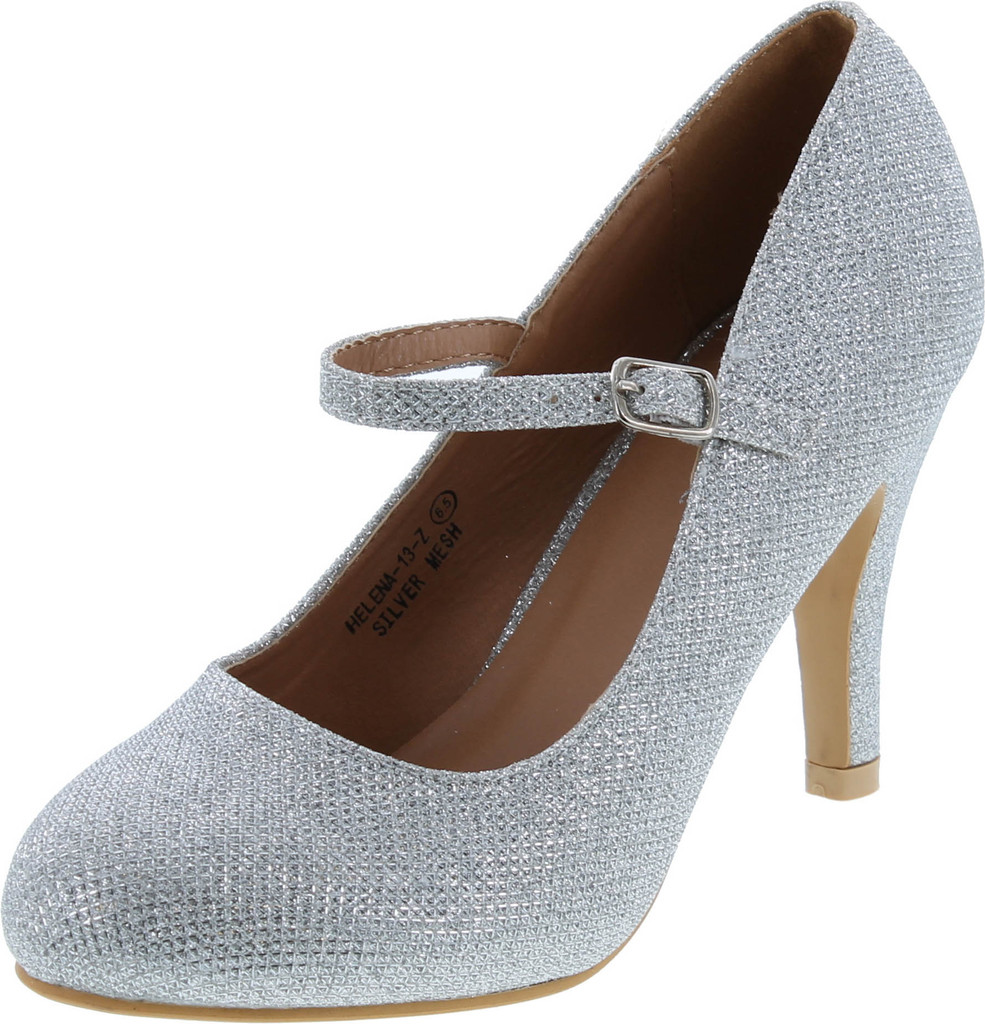 Bella Marie Helena-13 Women's Almond Toe Low Heel Mary Jane Glitter Or Suede Pumps