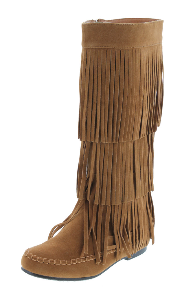 Refresh Jolin-02 Women's Fringe Moccasin Flat Heel Zipper Under Knee High Boots