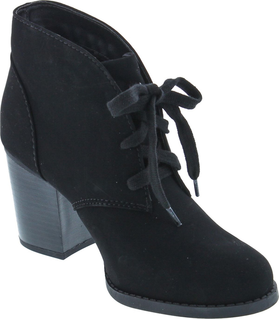 Delicious By Soda Women's Ripley Sueded Lace Up Chunky Stacked Heel Ankle Bootie