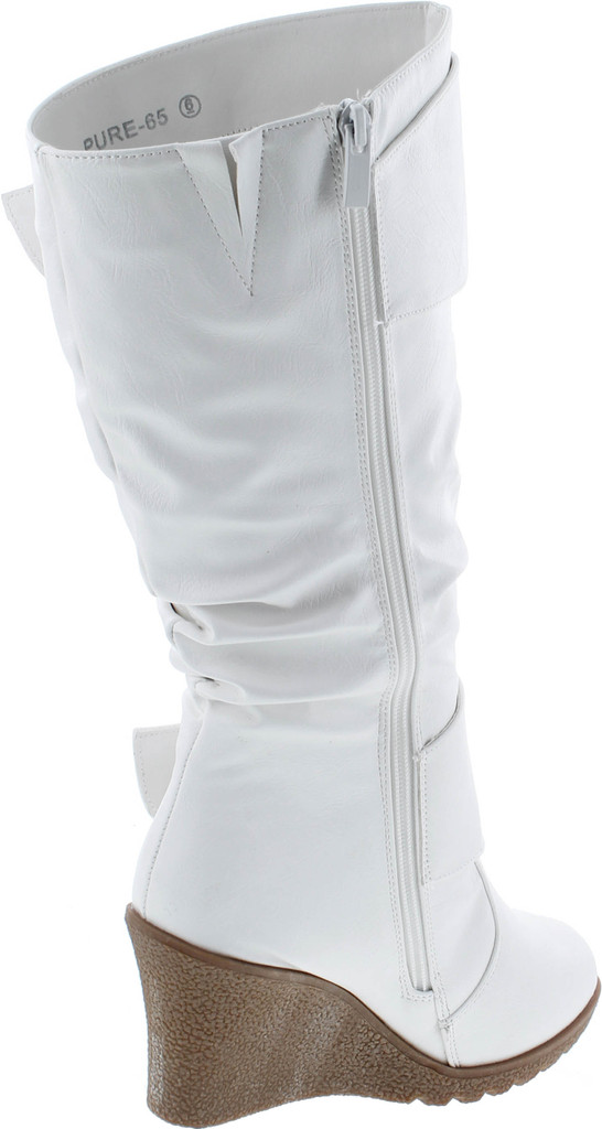 Top Moda Womens Pure-65 Mid Calf Round Toe Slouched Wedge Heel Boots