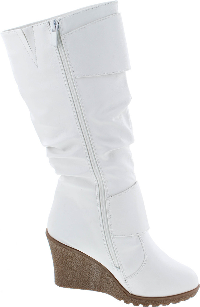 Top Moda Womens Pure-65 Mid Calf Round Toe Slouched Wedge Heel Boots