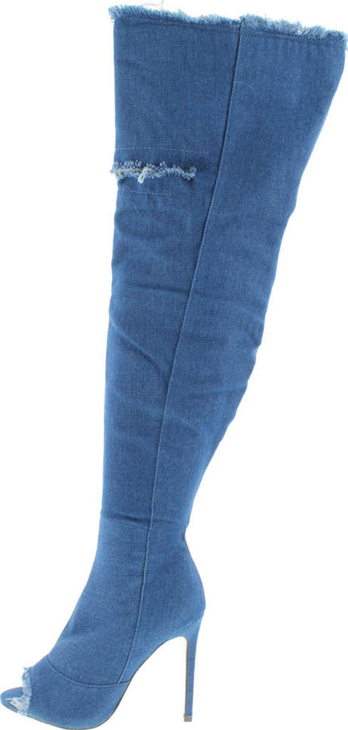 Liliana Barbara-13 Thigh High Over Knee Denim Open Toe Stiletto Heel Boot Dark Blue
