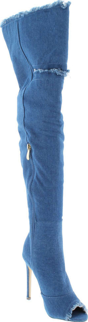 Liliana Barbara-13 Thigh High Over Knee Denim Open Toe Stiletto Heel Boot Dark Blue