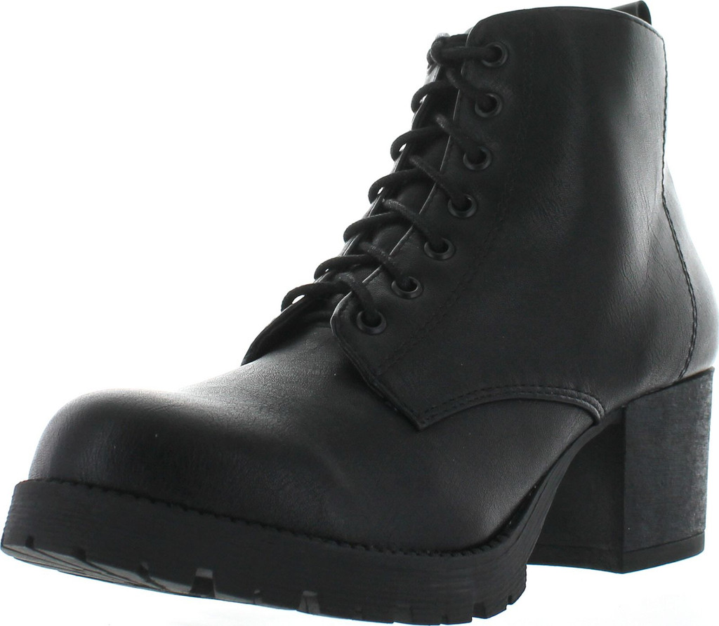 Soda Women's Nevitt Faux Leather Lace Up Chunky Heel Combat Style Boots