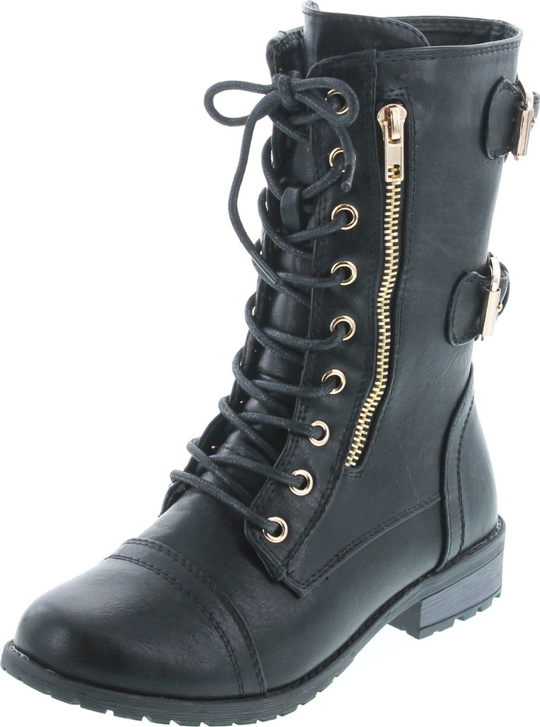 Forever Women's Mango-71 Faux Leather Military Style Ankle Boots Thick Sole Buckles