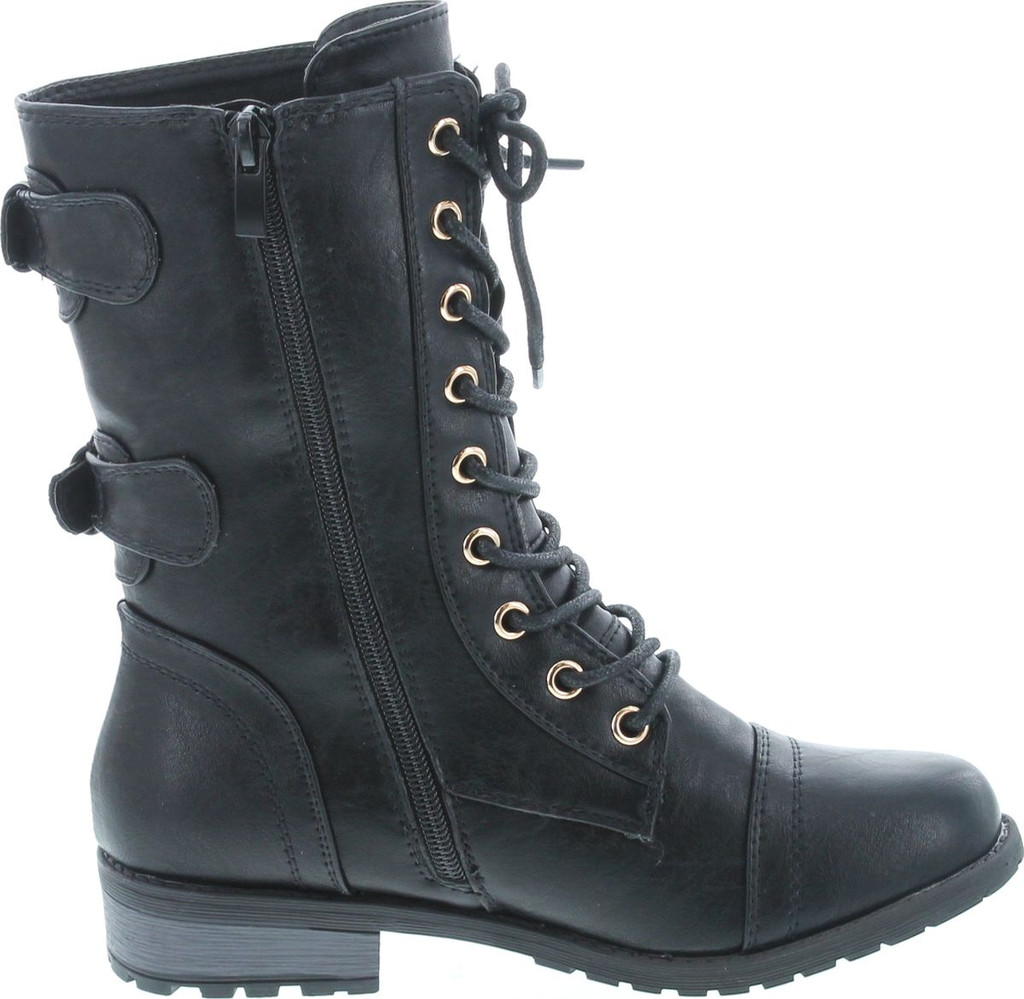 Forever Women's Mango-71 Faux Leather Military Style Ankle Boots Thick Sole Buckles