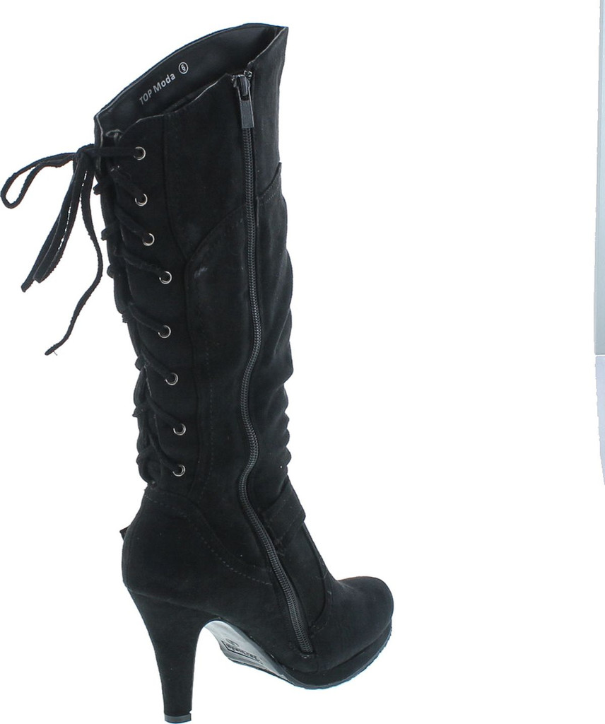 Top Moda Womens Page-65 Knee High Round Toe Lace-Up Slouched High Heel Boots