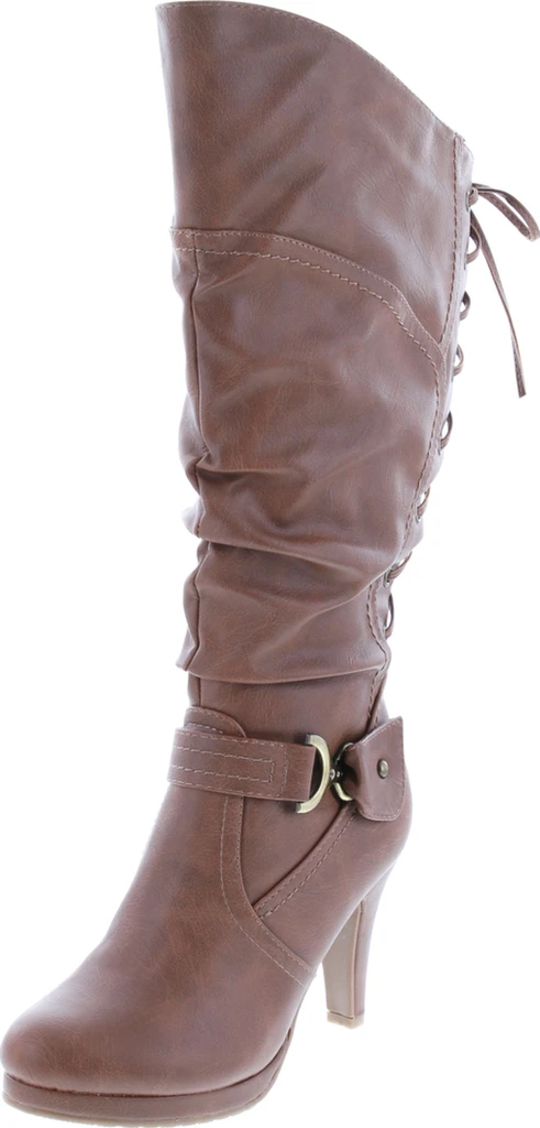 Top Moda Womens Page-65 Knee High Round Toe Lace-Up Slouched High Heel Boots
