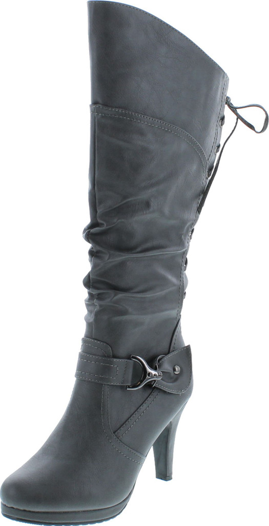 Top Moda Womens Page-65 Knee High Round Toe Lace-Up Slouched High Heel Boots