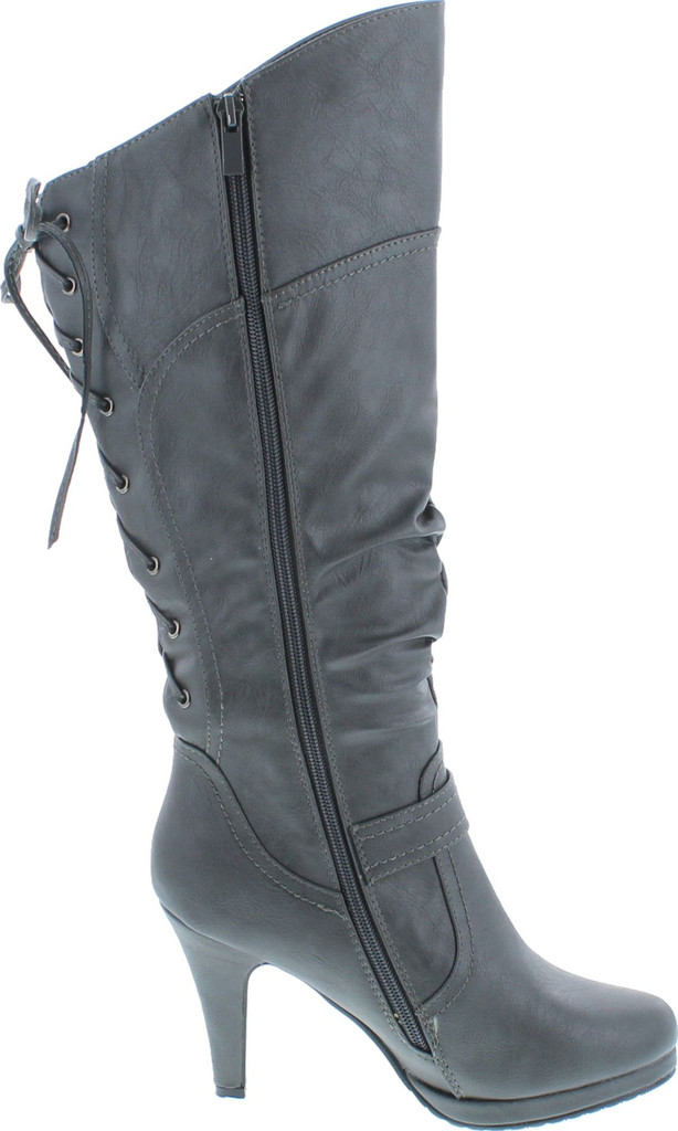 Top Moda Womens Page-65 Knee High Round Toe Lace-Up Slouched High Heel Boots