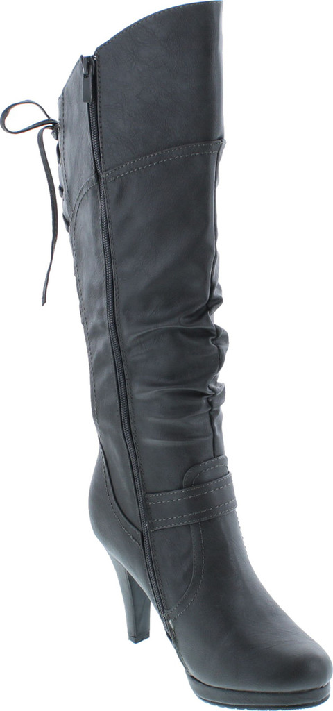 Top Moda Womens Page-65 Knee High Round Toe Lace-Up Slouched High Heel Boots