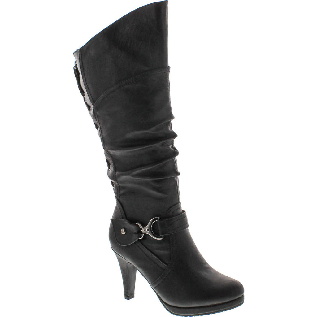 Top Moda Womens Page-65 Knee High Round Toe Lace-Up Slouched High Heel Boots