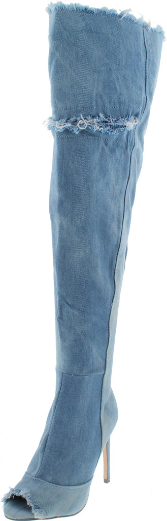 Liliana Barbara-13 Thigh High Over Knee Denim Open Toe Stiletto Heel Boot Lite Blue