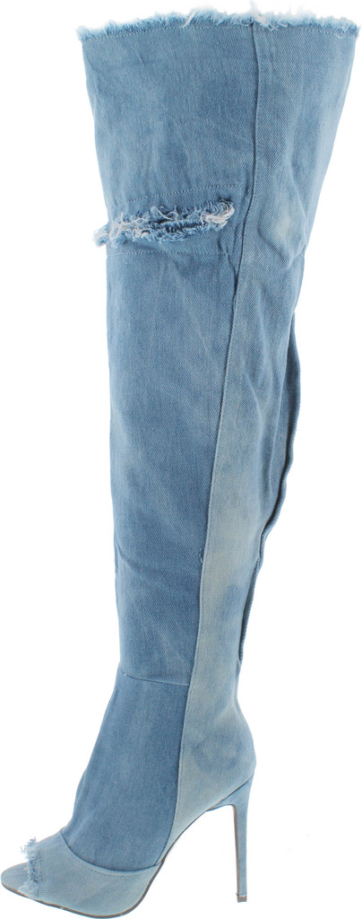 Liliana Barbara-13 Thigh High Over Knee Denim Open Toe Stiletto Heel Boot Lite Blue