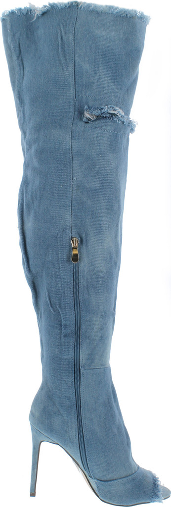 Liliana Barbara-13 Thigh High Over Knee Denim Open Toe Stiletto Heel Boot Lite Blue