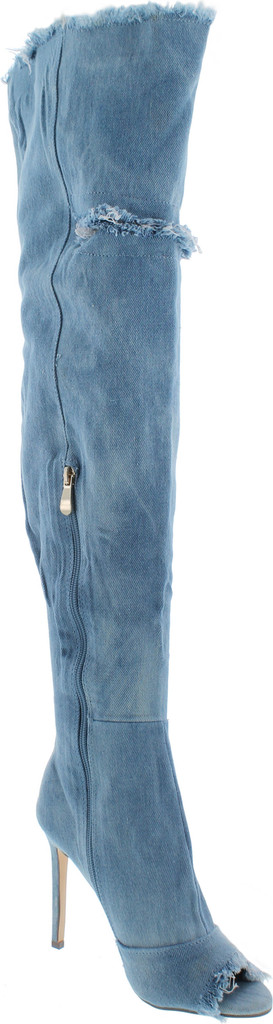 Liliana Barbara-13 Thigh High Over Knee Denim Open Toe Stiletto Heel Boot Lite Blue