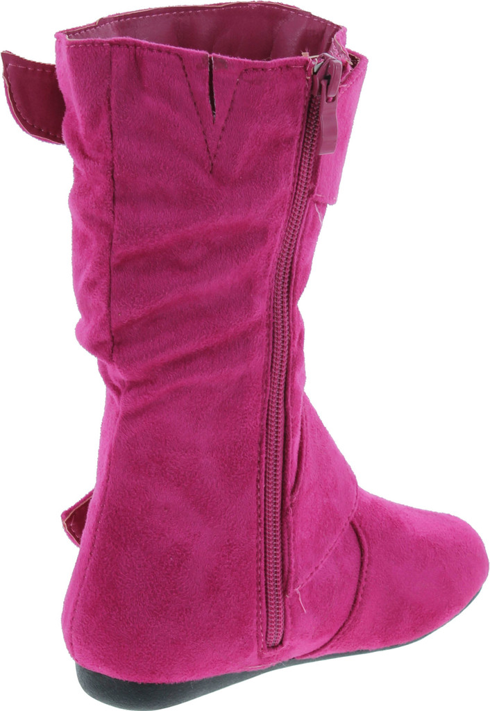 Link Klein-70K Girl's Kid's Faux Suede Two Buckle Zipper Flat Heel Mid Calf Slouchy Boot Shoes