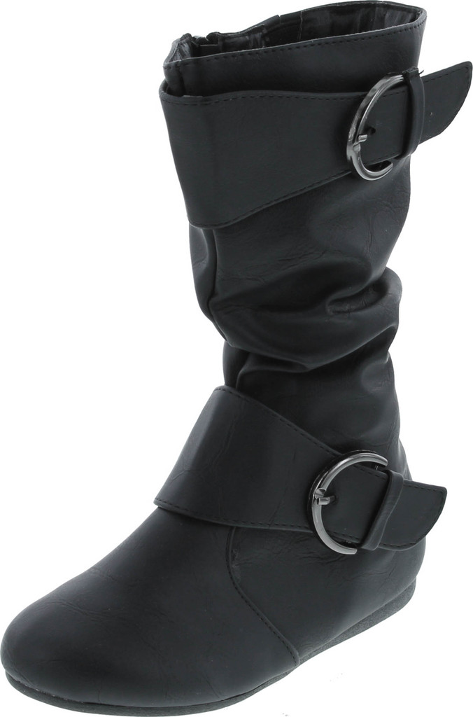 Link Klein-80K Girl's Kid's Cute Faux Leather Two Buckle Zipper Flat Heel Mid Calf Boot Shoes
