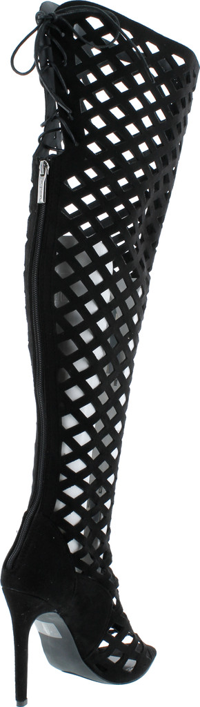 Cr Elnora Gladiator Open Toe Lace Back Full Zipper Thigh High Stiletto Heel Boot Black