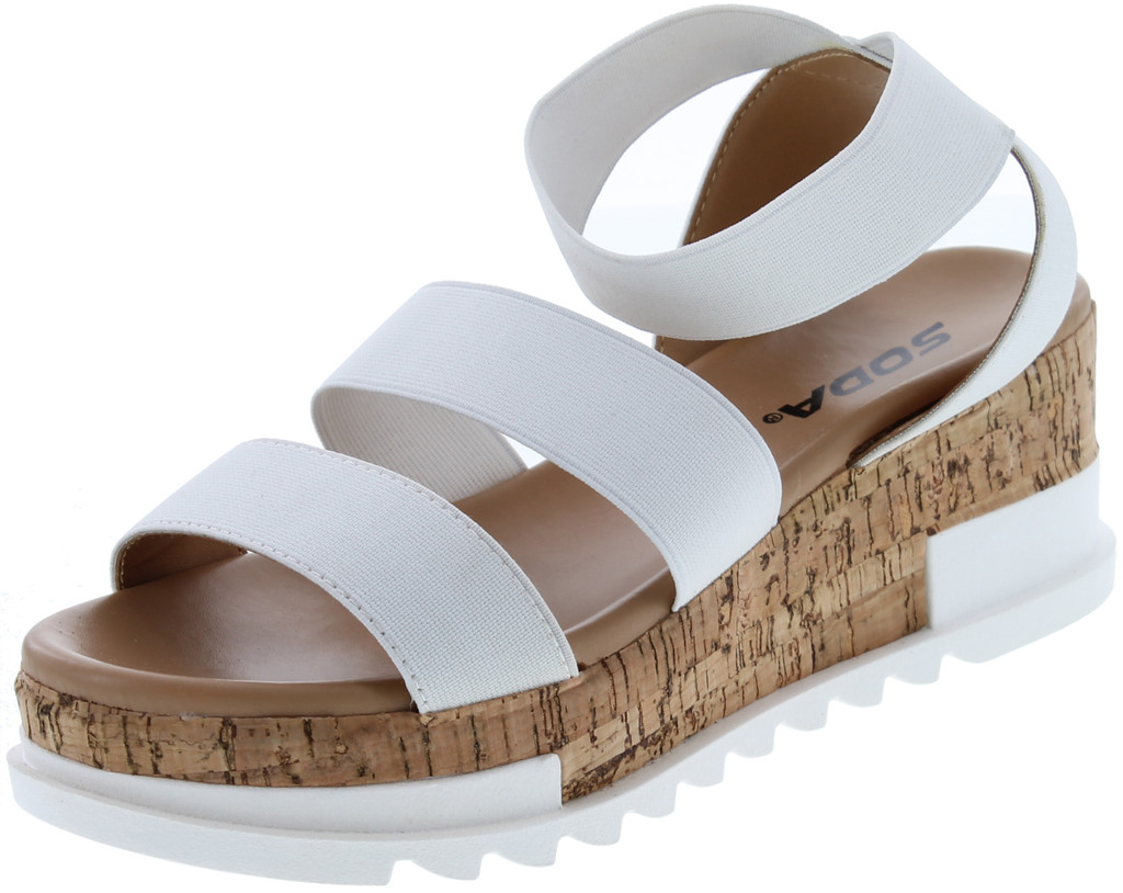 Soda Madyson Slip On Open Toe Two Bands Elastic Ankle Strap Flatform Wedge Casual Fashion Sandal With Cork Wrap Bottom
