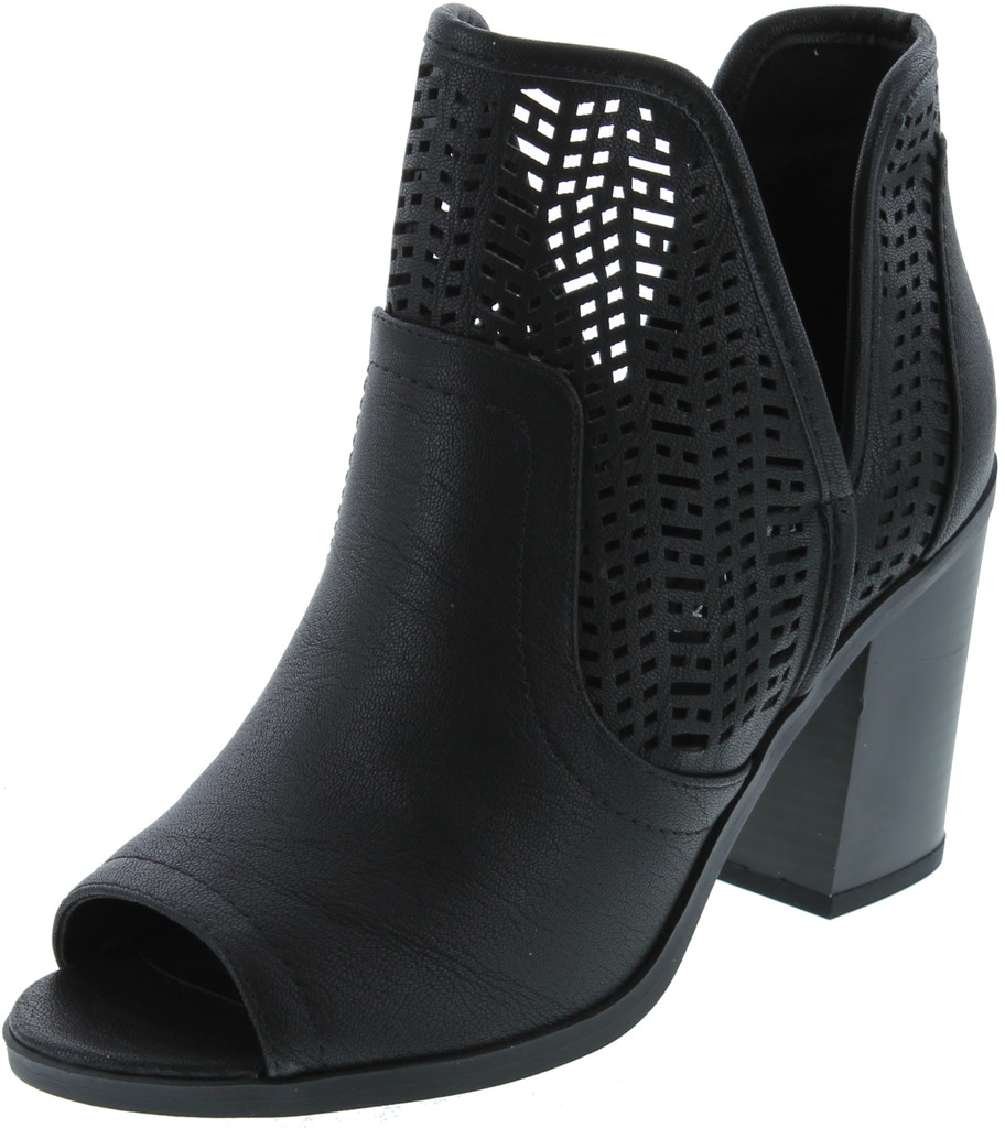 Soda Women's Laser Cut Side V Cutout Open Toe Stacked Chunky Heel Bootie