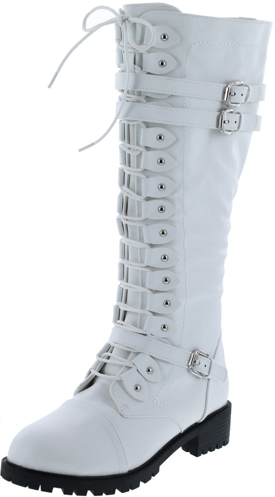 Premier Standard - Women's Lace-Up Strappy Knee High Combat Stacked Heel Boot
