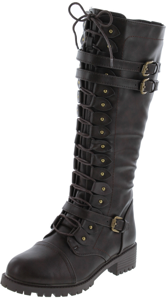 Premier Standard - Women's Lace-Up Strappy Knee High Combat Stacked Heel Boot