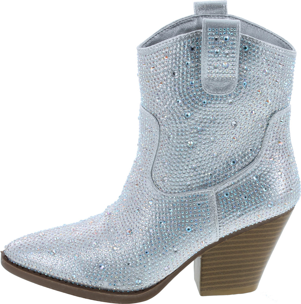 Women's Rhinestone Block Heel Mid Calf Short Ankle Booties Knee High Boots