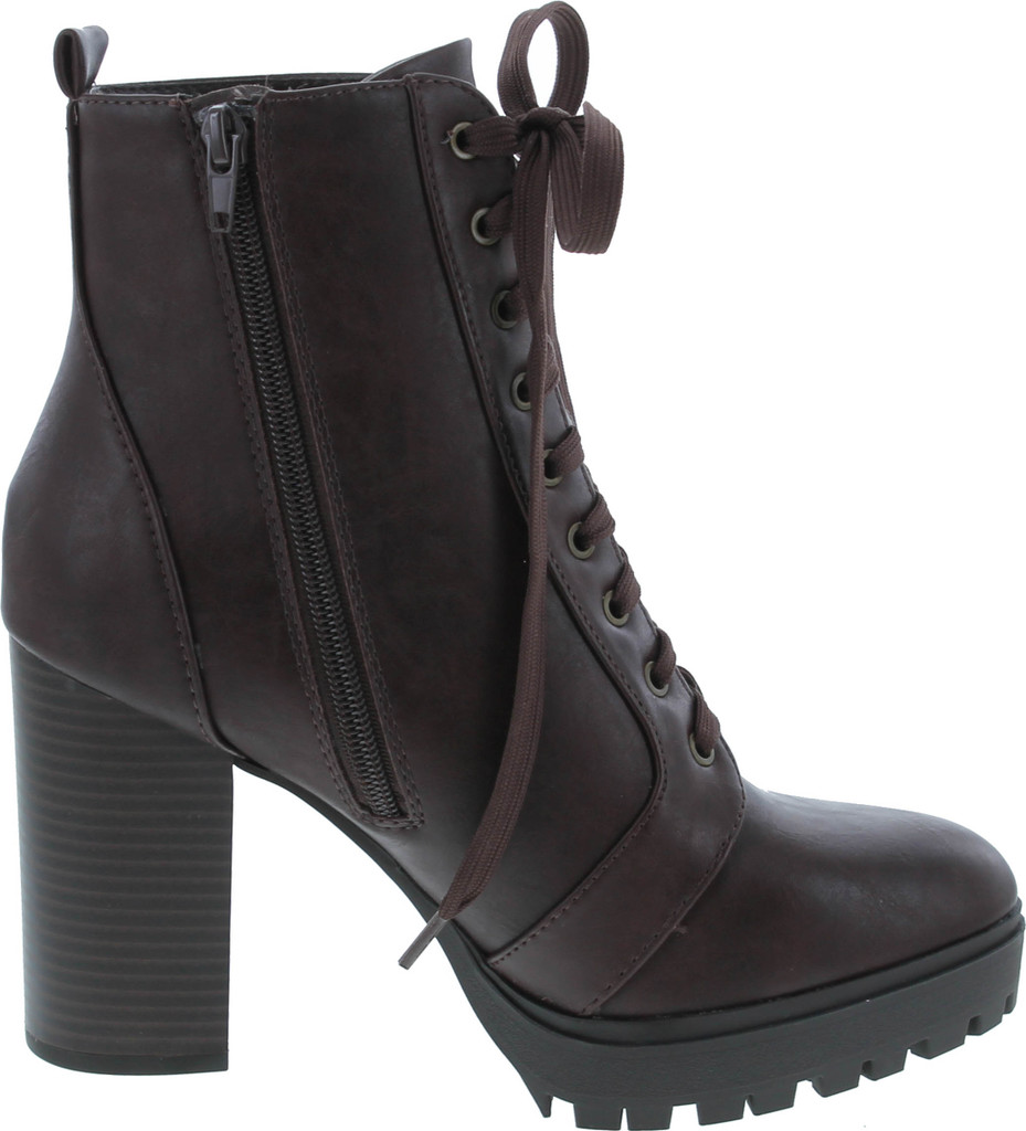Soda Balboa Vegan Round Toe Stacked Lug Heel Lace Up Ankle Booties