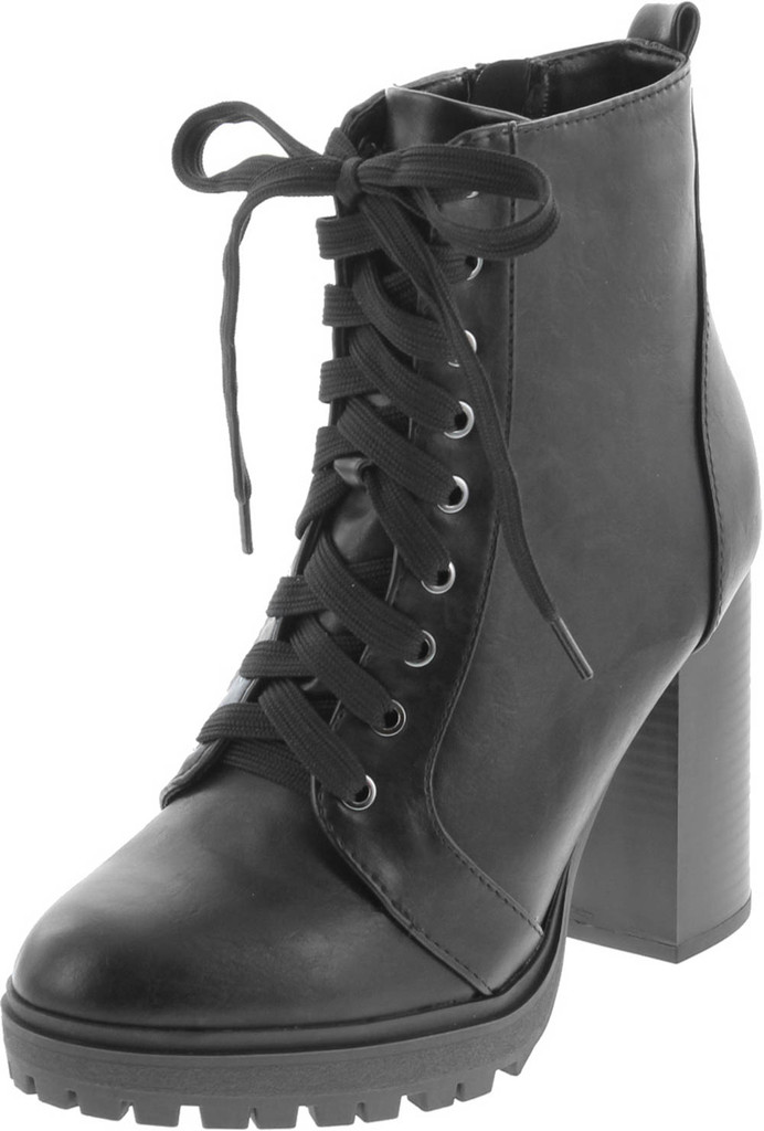 Soda Balboa Vegan Round Toe Stacked Lug Heel Lace Up Ankle Booties