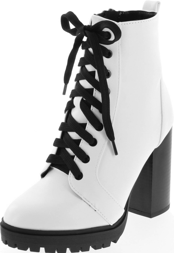 Soda Balboa Vegan Round Toe Stacked Lug Heel Lace Up Ankle Booties